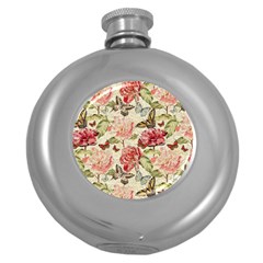 Watercolor Vintage Flowers Butterflies Lace 1 Round Hip Flask (5 Oz) by EDDArt