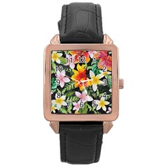 Tropical Flowers Butterflies 1 Rose Gold Leather Watch  by EDDArt