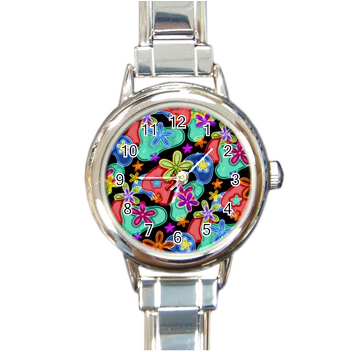 Colorful Retro Flowers Fractalius Pattern 1 Round Italian Charm Watch