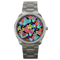 Colorful Retro Flowers Fractalius Pattern 1 Sport Metal Watch by EDDArt