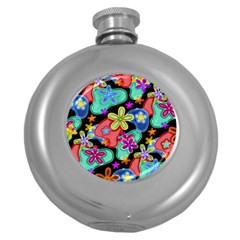 Colorful Retro Flowers Fractalius Pattern 1 Round Hip Flask (5 Oz) by EDDArt
