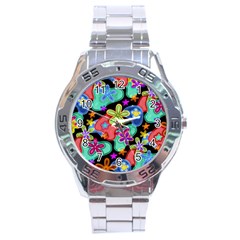 Colorful Retro Flowers Fractalius Pattern 1 Stainless Steel Analogue Watch by EDDArt