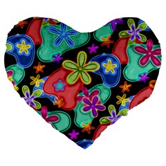 Colorful Retro Flowers Fractalius Pattern 1 Large 19  Premium Heart Shape Cushions