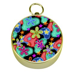 Colorful Retro Flowers Fractalius Pattern 1 Gold Compasses by EDDArt