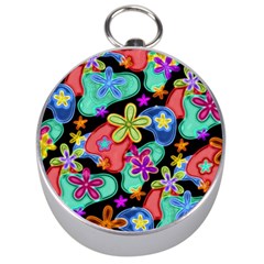 Colorful Retro Flowers Fractalius Pattern 1 Silver Compasses by EDDArt
