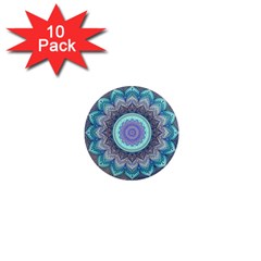 Folk Art Lotus Mandala Blue Turquoise 1  Mini Magnet (10 Pack)  by EDDArt