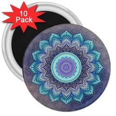 Folk Art Lotus Mandala Blue Turquoise 3  Magnets (10 Pack)  by EDDArt