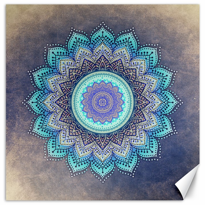 Folk Art Lotus Mandala Blue Turquoise Canvas 16  x 16  