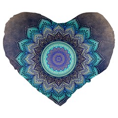 Folk Art Lotus Mandala Blue Turquoise Large 19  Premium Flano Heart Shape Cushions by EDDArt