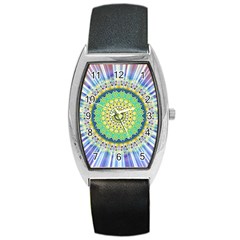 Power Mandala Sun Blue Green Yellow Lilac Barrel Style Metal Watch by EDDArt