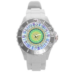 Power Mandala Sun Blue Green Yellow Lilac Round Plastic Sport Watch (l) by EDDArt