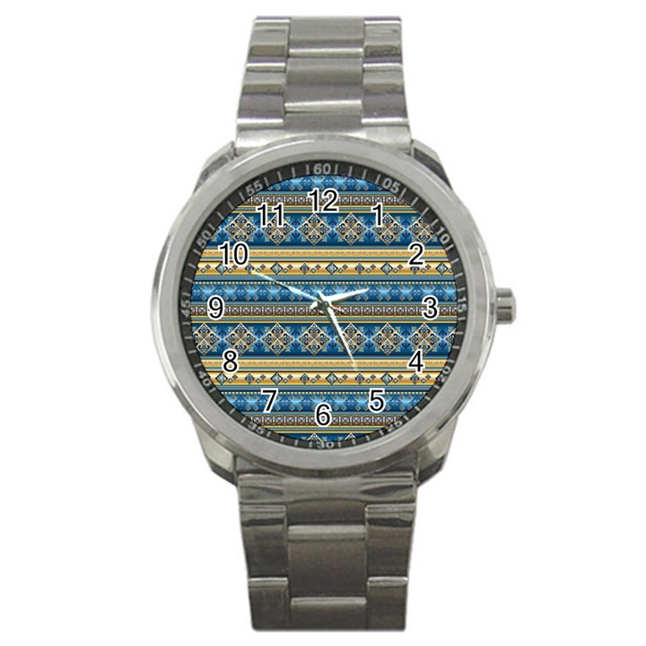 Vintage Border Wallpaper Pattern Blue Gold Sport Metal Watch