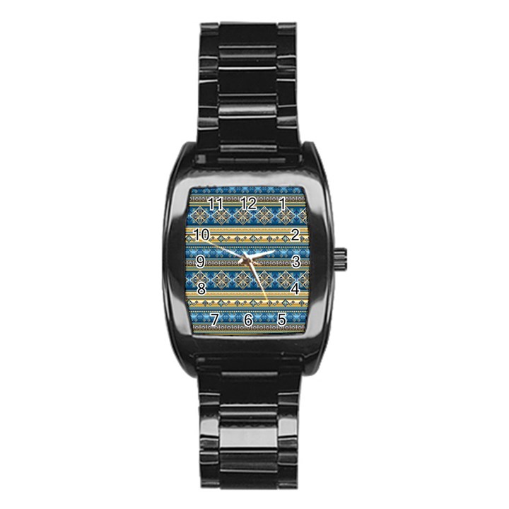 Vintage Border Wallpaper Pattern Blue Gold Stainless Steel Barrel Watch