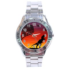 Sunset Dinosaur Scene Stainless Steel Analogue Watch by IIPhotographyAndDesigns