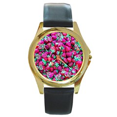 Pile Of Red Strawberries Round Gold Metal Watch by FunnyCow