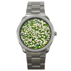 Green Field Of White Daisy Flowers Sport Metal Watch by FunnyCow