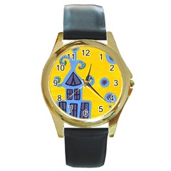 Blue House Round Gold Metal Watch by snowwhitegirl