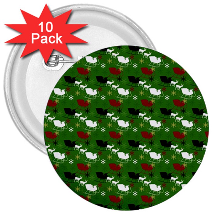 Snow Sleigh Deer Green 3  Buttons (10 pack) 