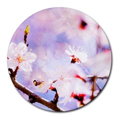 Pink Sakura Purple Background Round Mousepads