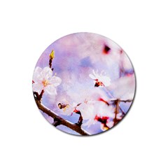 Pink Sakura Purple Background Rubber Round Coaster (4 pack) 