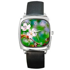 Sakura Flowers On Green Square Metal Watch by FunnyCow