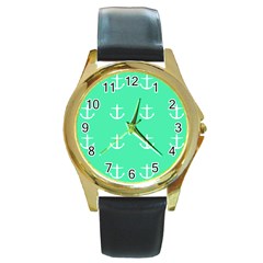 Seafoam Anchors Round Gold Metal Watch by snowwhitegirl