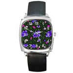 Blue  Japan Floral Square Metal Watch Front