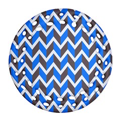 Zigzag Chevron Pattern Blue Grey Round Filigree Ornament (Two Sides)