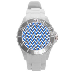 Zigzag Chevron Pattern Blue Grey Round Plastic Sport Watch (L)