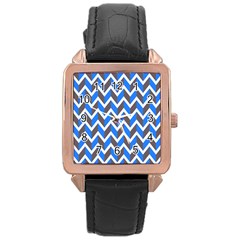 Zigzag Chevron Pattern Blue Grey Rose Gold Leather Watch 