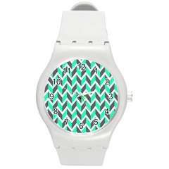 Zigzag Chevron Pattern Green Grey Round Plastic Sport Watch (m) by snowwhitegirl