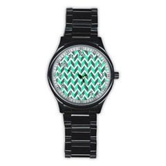 Zigzag Chevron Pattern Green Grey Stainless Steel Round Watch by snowwhitegirl