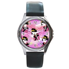 Japanese Abstract Pink Round Metal Watch by snowwhitegirl