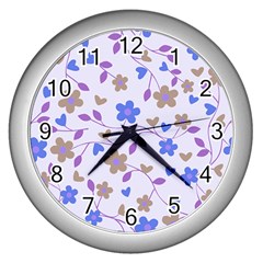 Blue Vintage Flowers Wall Clock (silver)