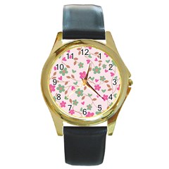 Pink Vintage Flowers Round Gold Metal Watch