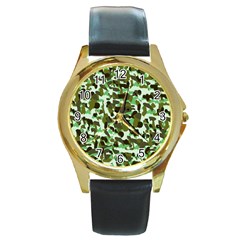 Brownish Green Camo Round Gold Metal Watch