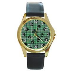 Green  Plaid Anarchy Round Gold Metal Watch by snowwhitegirl