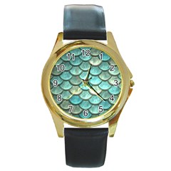 Aqua Mermaid Scale Round Gold Metal Watch