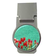 Green Denim Flowers Money Clips (round)  by snowwhitegirl