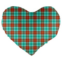 Aqua Orange Plaid Large 19  Premium Flano Heart Shape Cushions