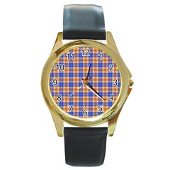 Orange Blue Plaid Round Gold Metal Watch