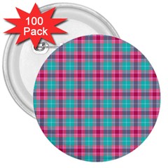 Blue Pink Plaid 3  Buttons (100 Pack) 