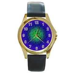 Blue Music Green Moon Round Gold Metal Watch by snowwhitegirl