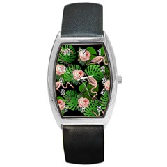 Flamingo Floral Black Barrel Style Metal Watch