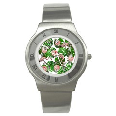 Flamingo Floral White Stainless Steel Watch by snowwhitegirl