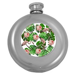 Flamingo Floral White Round Hip Flask (5 oz)