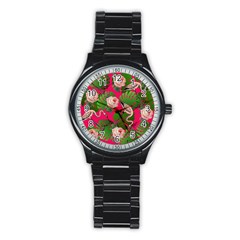 Flamingo Floral Pink Stainless Steel Round Watch