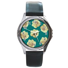 Teal Tulips Round Metal Watch by snowwhitegirl