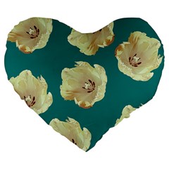 Teal Tulips Large 19  Premium Flano Heart Shape Cushions