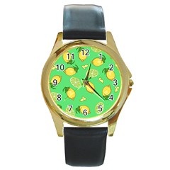 Lemons And Limes Round Gold Metal Watch